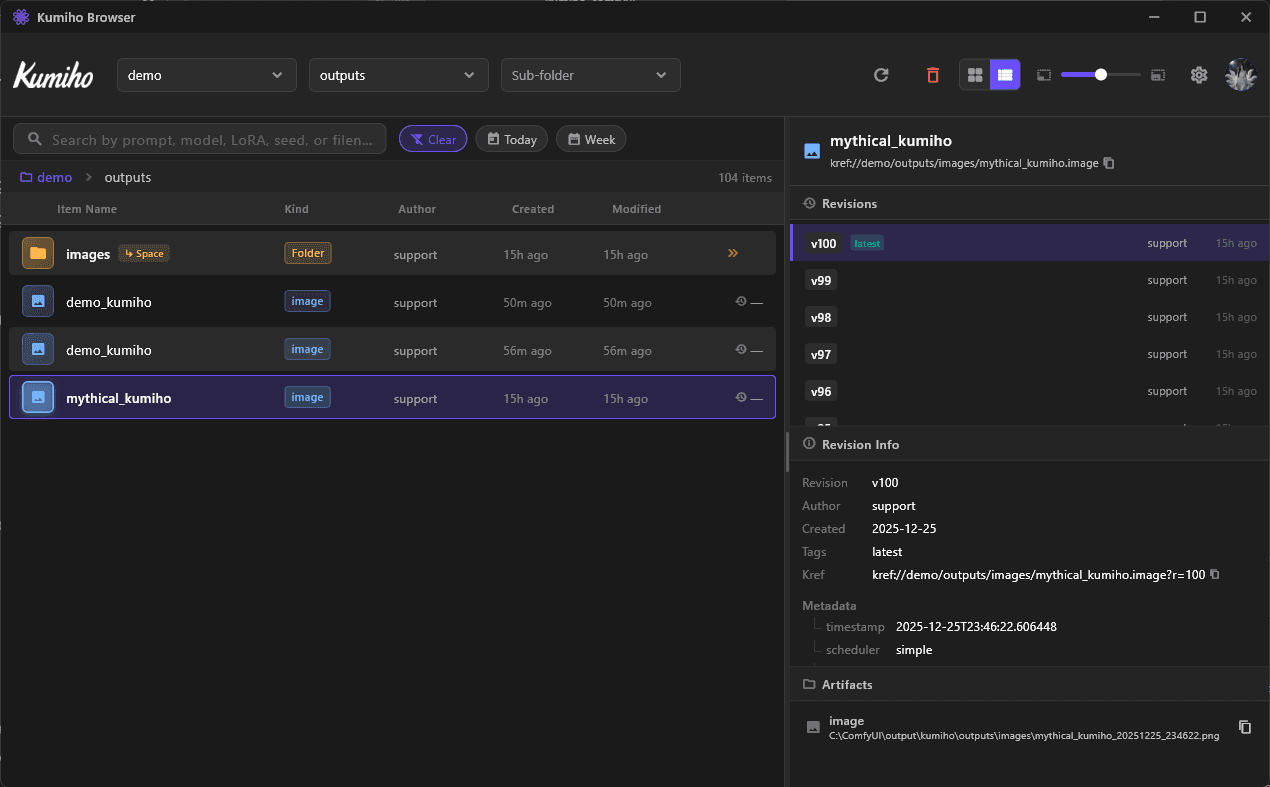 Kumiho browser showing revisions and metadata list view