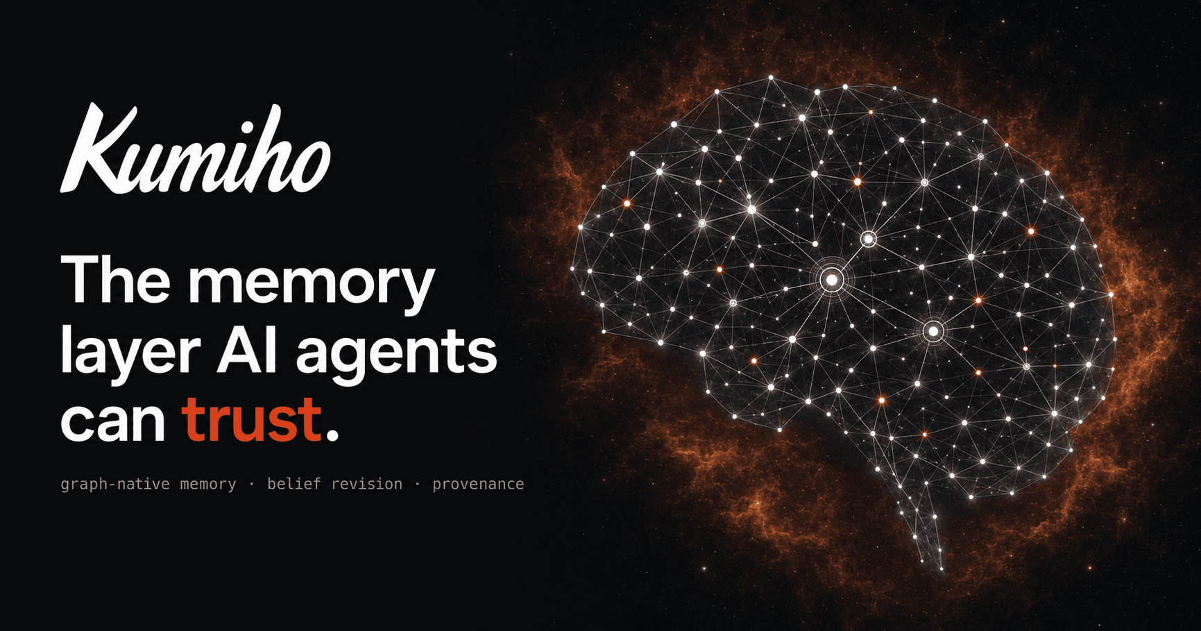 Kumiho — the memory layer AI agents can trust: a constellation brain of typed memories drawn in ember and starlight