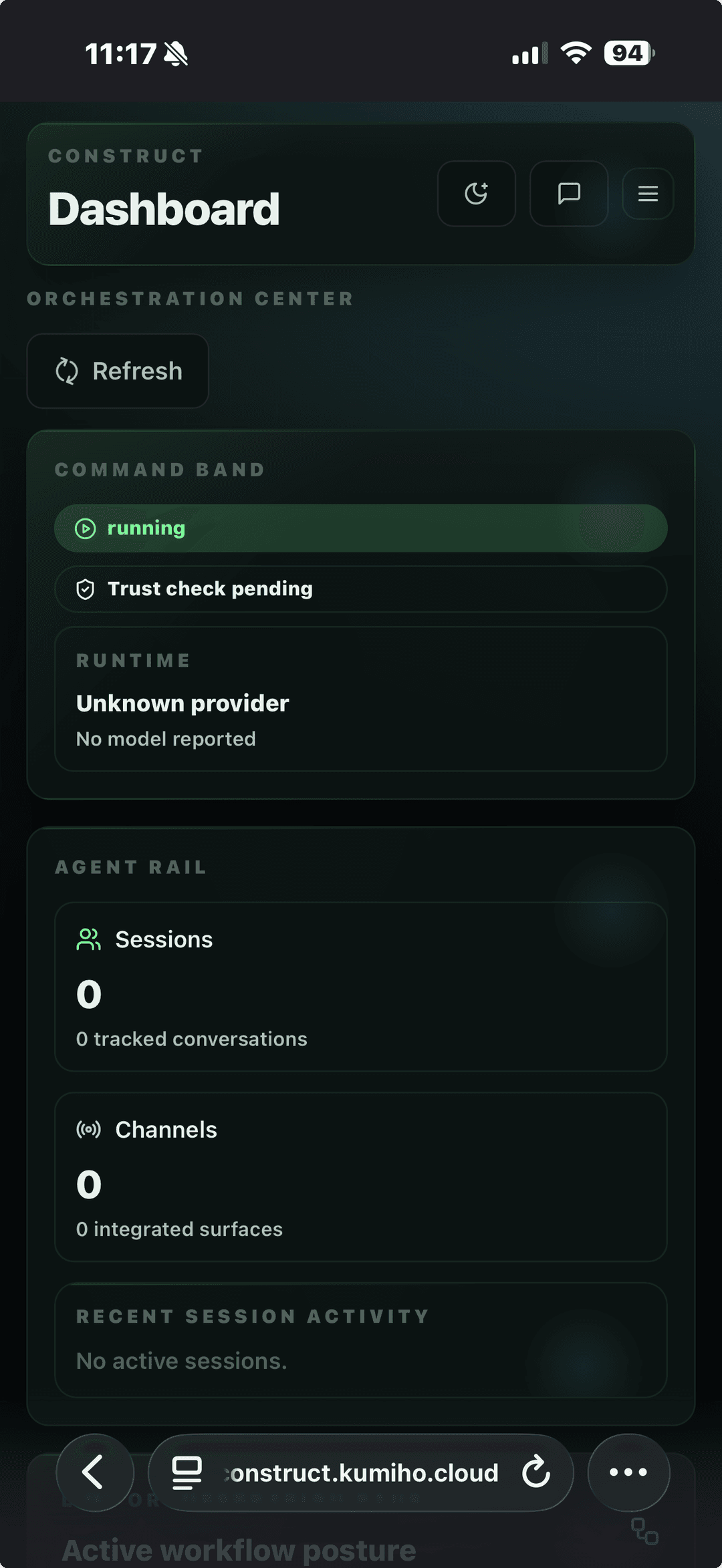 Construct mobile dashboard showing live runtime posture, sessions, and audit chain