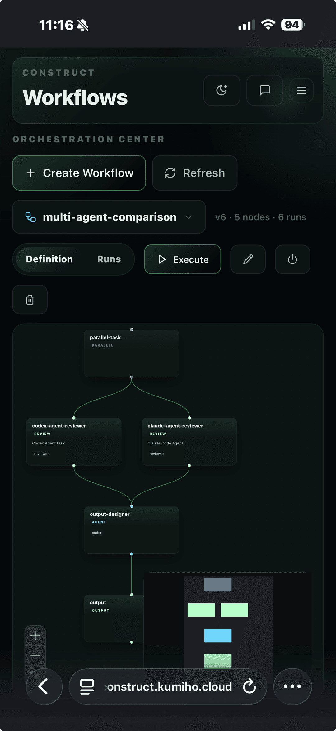 Construct mobile workflows view streaming workflow run progress