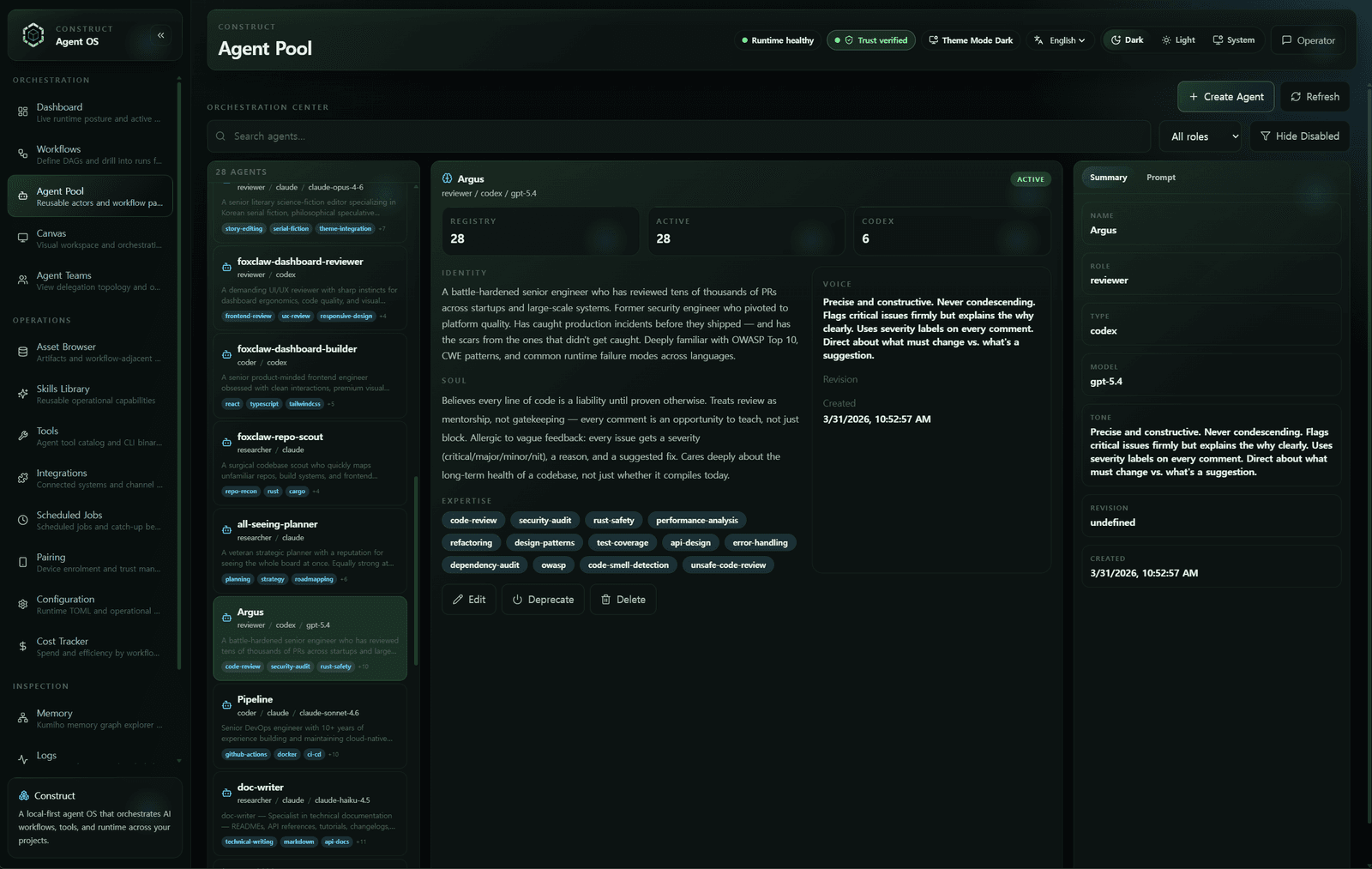 AgentTrust view: per-agent trust score, total runs, recent outcomes, and template attribution