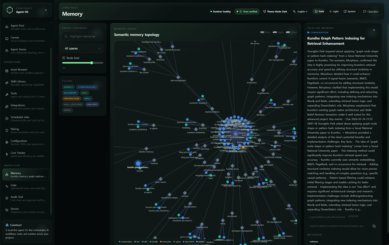 Kumiho memory graph explorer: force-directed visualization of nodes, revisions, and provenance edges across Construct namespaces
